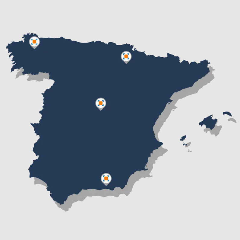 Mapa de las delegaciones de Tesicnor: Navarra, Madrid, Granada y Lugo