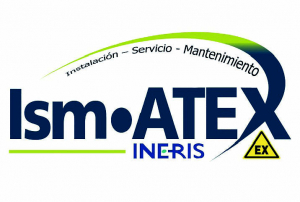 ogotipo de ISM-ATEX Ineris con texto en azul y verde que dice "INSTALACIÓN - SERVICIO - MANTENIMIENTO" y "ISM-ATEX INERIS". Incluye un símbolo de advertencia "EX" en amarillo y negro, indicando especialización en entornos con riesgo de explosión.